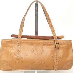 JAMIN PUECH Leather Shoulder Bag Tan Lavender Wood Clasp Strap Rectangle Buckle